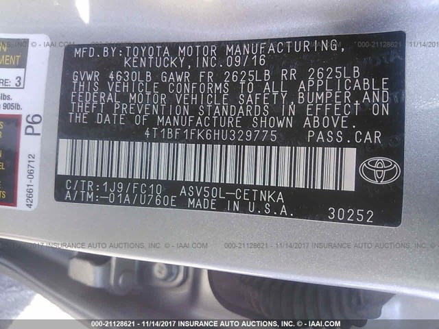 4T1BF1FK6HU329775 - 2017 TOYOTA CAMRY LE/XLE/SE/XSE ნაცრისფერი ფოტო 9