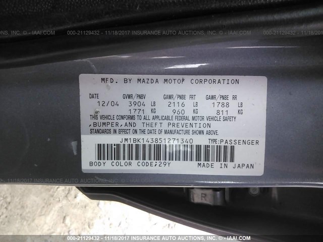 JM1BK143851271340 - 2005 MAZDA 3 HATCHBACK GRAY photo 9