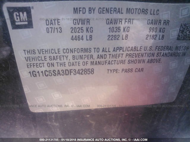 1G11C5SA3DF342858 - 2013 CHEVROLET MALIBU 1LT 黑色 照片 9