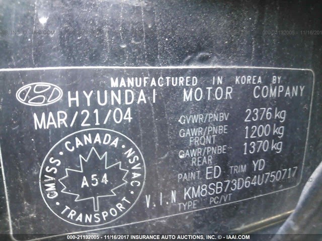 KM8SB73D64U750717 - 2004 HYUNDAI SANTA FE BLACK photo 9