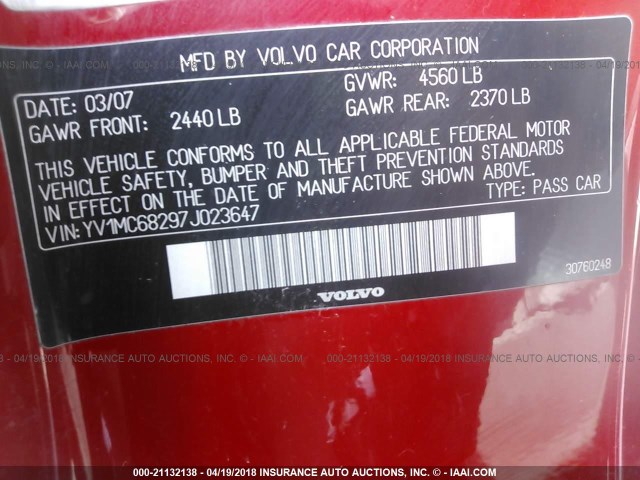 YV1MC68297J023647 - 2007 VOLVO C70 T5 RED photo 9