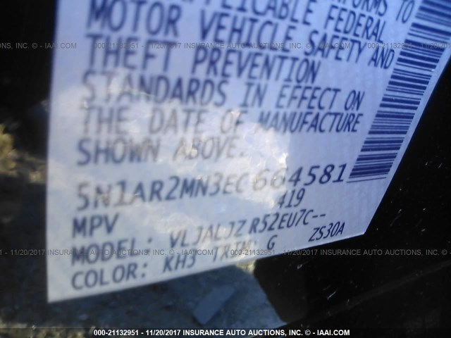 5N1AR2MN3EC664581 - 2014 NISSAN PATHFINDER S/SV/SL/PLATINUM 黑色 照片 9
