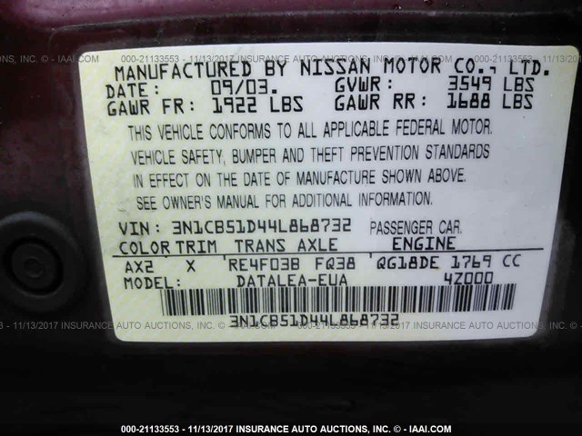 3N1CB51D44L868732 - 2004 NISSAN SENTRA 1.8/1.8S RED photo 9