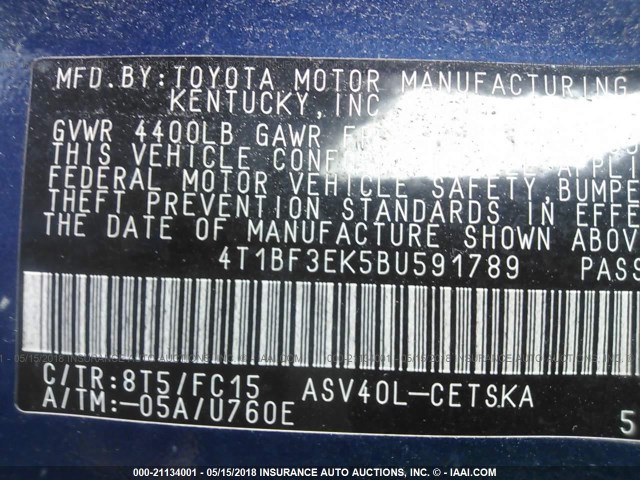 4T1BF3EK5BU591789 - 2011 TOYOTA CAMRY SE/LE/XLE Dark Blue photo 9
