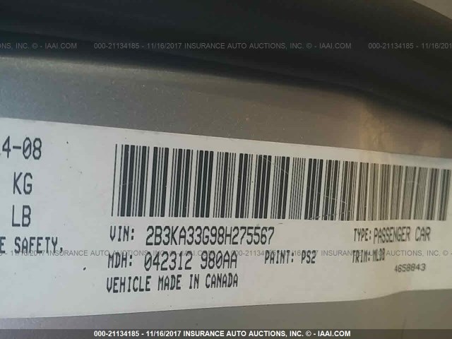 2B3KA33G98H275567 - 2008 DODGE CHARGER SXT SILVER photo 9