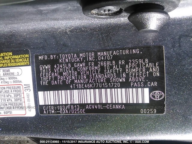 4T1BE46K77U151720 - 2007 TOYOTA CAMRY NEW GENERAT CE/LE/XLE/SE GRAY photo 9