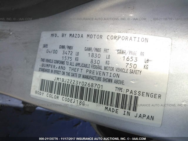 JM1BJ2223Y0268701 - 2000 MAZDA PROTEGE DX/LX SILVER photo 9