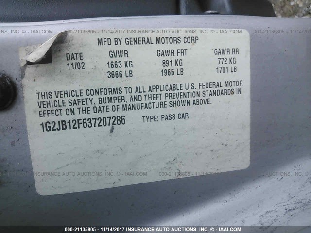 1G2JB12F637207286 - 2003 PONTIAC SUNFIRE SILVER photo 9