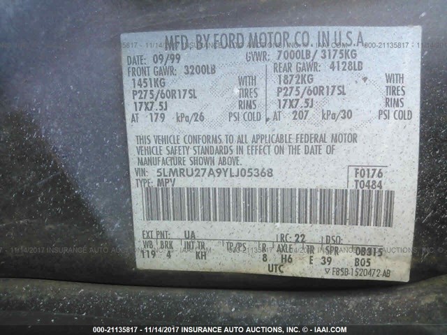 5LMRU27A9YLJ05368 - 2000 LINCOLN NAVIGATOR BLUE photo 9