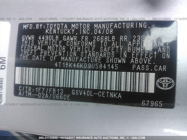 4T1BK46K09U584145 - 2009 TOYOTA CAMRY SE/LE/XLE Күміс фото 9