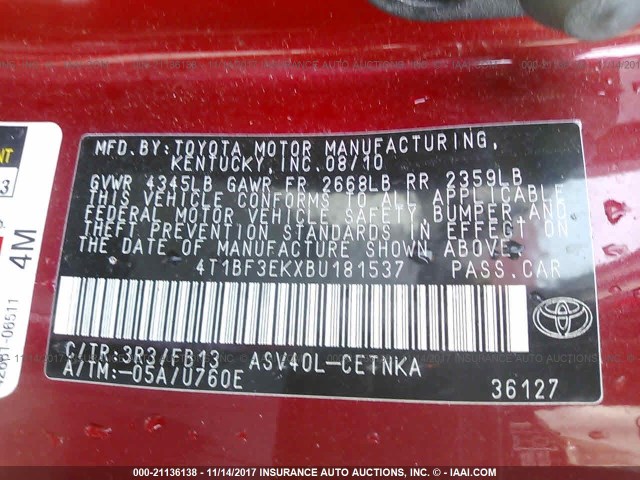 4T1BF3EKXBU181537 - 2011 TOYOTA CAMRY SE/LE/XLE 红色 照片 9