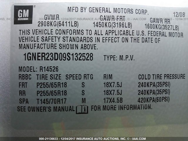 1GNER23D09S132528 - 2009 CHEVROLET TRAVERSE LT SILVER photo 9