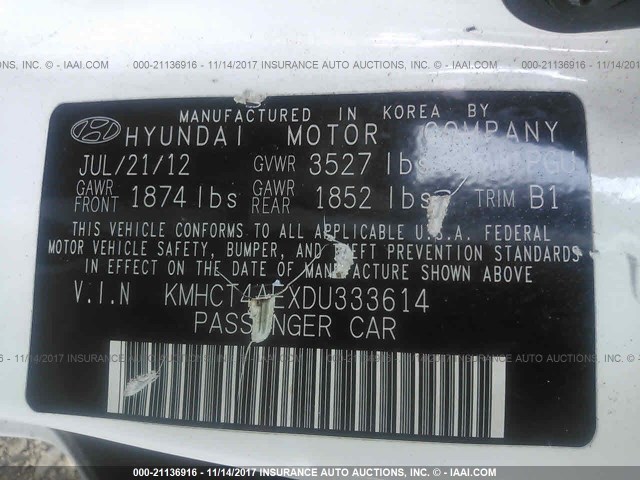 KMHCT4AEXDU333614 - 2013 HYUNDAI ACCENT GLS/GS WHITE photo 9