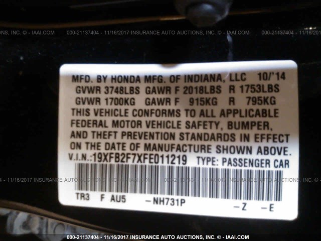 19XFB2F7XFE011219 - 2015 HONDA CIVIC SE BLACK photo 9