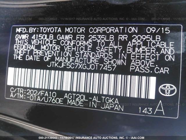 JTKJF5C7XGJ017457 - 2016 TOYOTA SCION TC BLACK photo 9