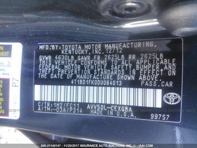 4T1BD1FK0DU064013 - 2013 TOYOTA CAMRY HYBRID/LE/XLE 蓝色 照片 9