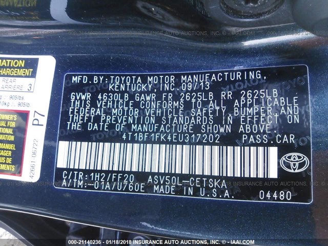 4T1BF1FK4EU317202 - 2014 TOYOTA CAMRY L/SE/LE/XLE 黑色 照片 9