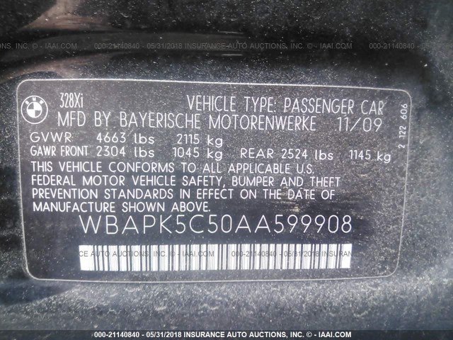 WBAPK5C50AA599908 - 2010 BMW 328 XI SULEV BLACK photo 9