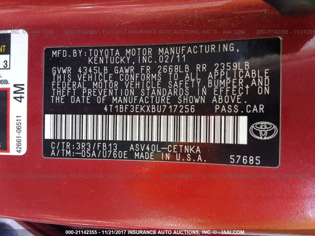 4T1BF3EKXBU717256 - 2011 TOYOTA CAMRY SE/LE/XLE RED photo 9