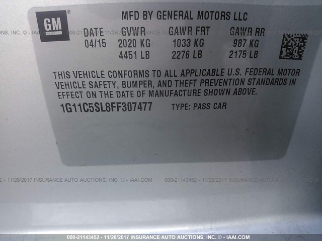 1G11C5SL8FF307477 - 2015 CHEVROLET MALIBU 1LT 银色 照片 9