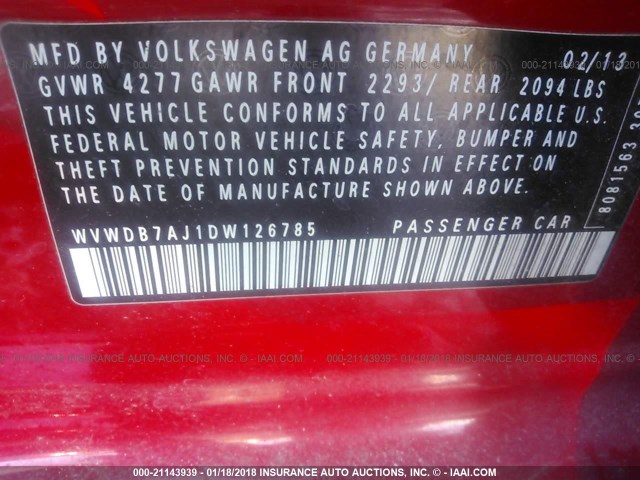 WVWDB7AJ1DW126785 - 2013 VOLKSWAGEN GOLF RED photo 9