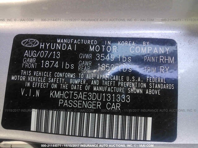 KMHCT5AE3DU131333 - 2013 HYUNDAI ACCENT GLS/GS SILVER photo 9