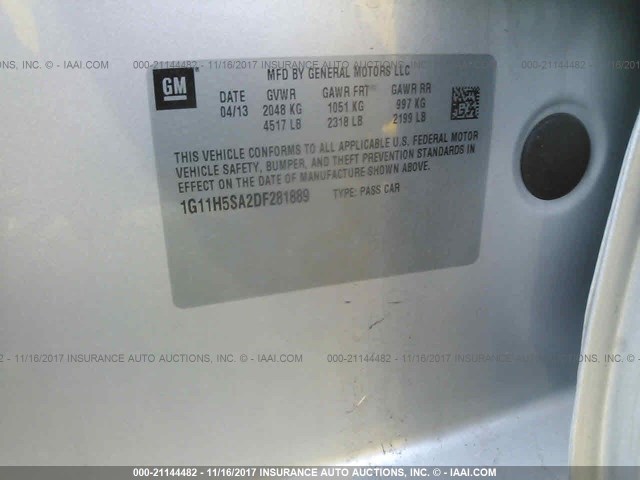 1G11H5SA2DF281889 - 2013 CHEVROLET MALIBU LTZ 银色 照片 9