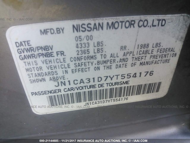 JN1CA31D7YT554176 - 2000 NISSAN MAXIMA GLE/GXE/SE SILVER photo 9