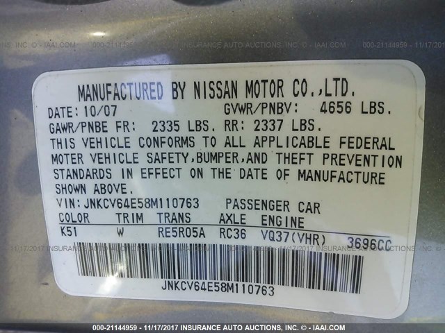 JNKCV64E58M110763 - 2008 INFINITI G37 JOURNEY/SPORT GRAY photo 9