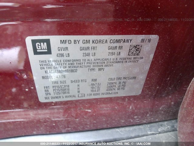 KL4CJASB0HB018832 - 2017 BUICK ENCORE PREFERRED RED photo 9