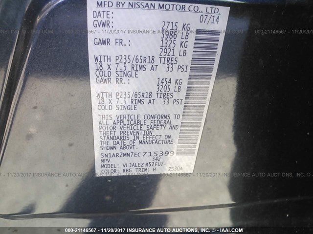 5N1AR2MN7EC715399 - 2014 NISSAN PATHFINDER S/SV/SL/PLATINUM 蓝色 照片 9