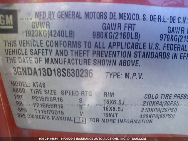 3GNDA13D18S630236 - 2008 CHEVROLET HHR LS ORANGE photo 9