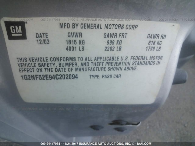 1G2NF52E94C202094 - 2004 PONTIAC GRAND AM SE1 SILVER photo 9