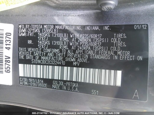 5TDYK3DC2CS224410 - 2012 TOYOTA SIENNA XLE/LIMITED GRAY photo 9