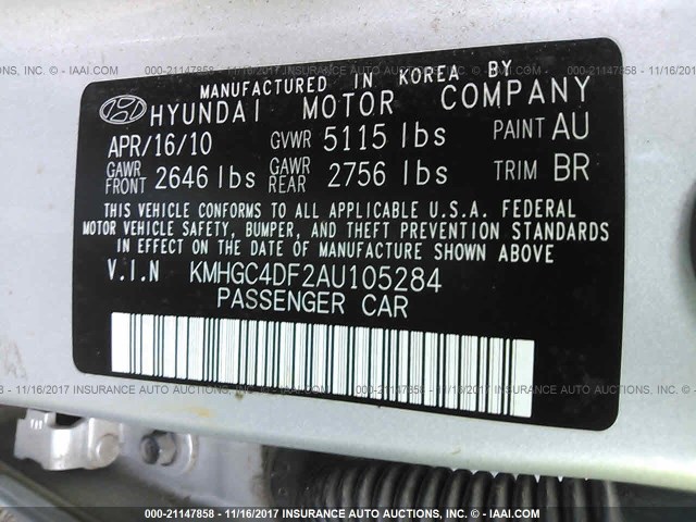 KMHGC4DF2AU105284 - 2010 HYUNDAI GENESIS 4.6L SILVER photo 9