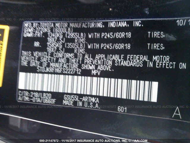 5TDJKRFH6FS222712 - 2015 TOYOTA HIGHLANDER XLE შავი ფოტო 9