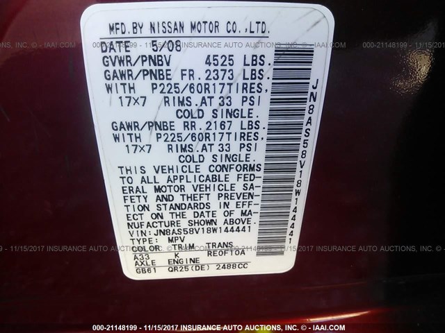 JN8AS58V18W144441 - 2008 NISSAN ROGUE S/SL RED photo 9
