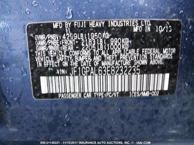 JF1GPAL63E8232235 - 2014 SUBARU IMPREZA SPORT PREMIUM BLUE photo 9