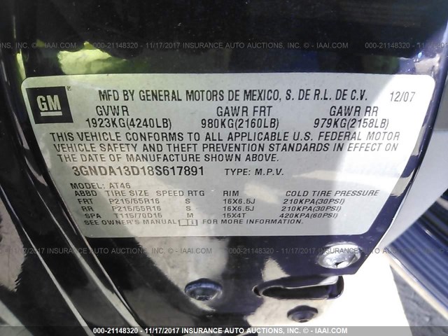 3GNDA13D18S617891 - 2008 CHEVROLET HHR LS BLUE photo 9