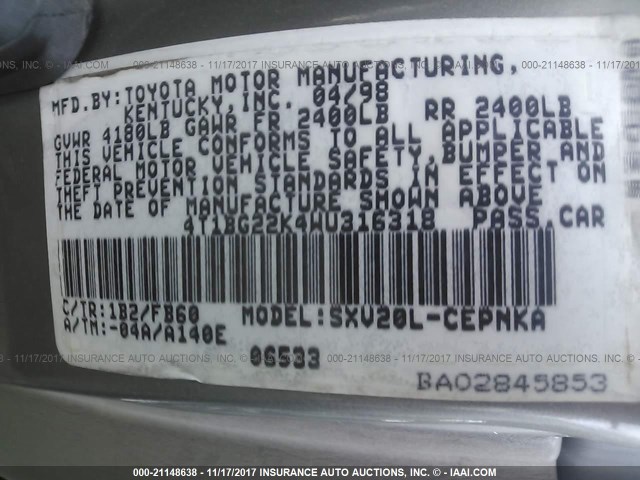 4T1BG22K4WU316318 - 1998 TOYOTA CAMRY CE/LE/XLE GRAY photo 9