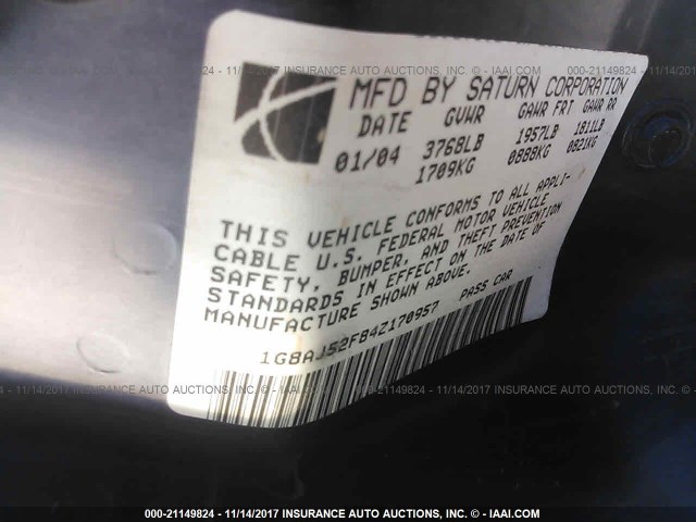 1G8AJ52F84Z170957 - 2004 SATURN ION LEVEL 2 BLUE photo 9