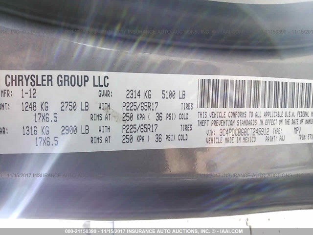 3C4PDCBG8CT245912 - 2012 DODGE JOURNEY SXT GRAY photo 9