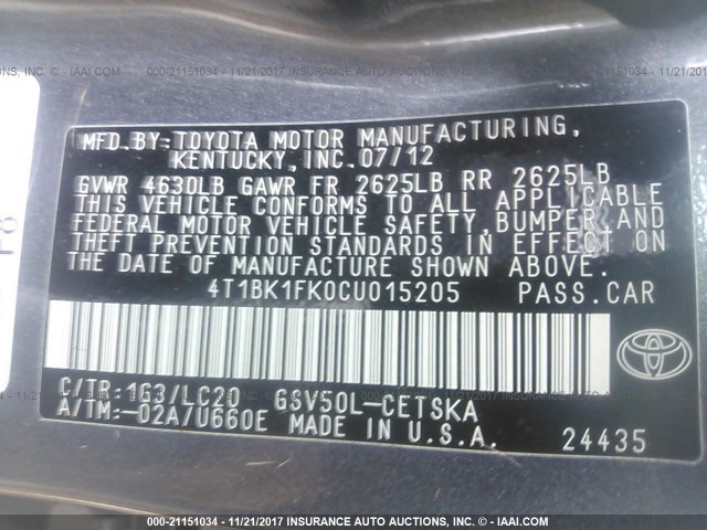 4T1BK1FK0CU015205 - 2012 TOYOTA CAMRY SE/XLE GRAY photo 9