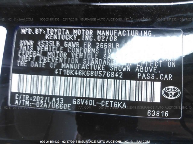 4T1BK46K68U576842 - 2008 TOYOTA CAMRY LE/XLE/SE BLACK photo 9
