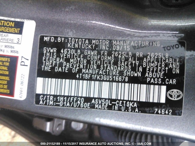 4T1BF1FK3GU516678 - 2016 TOYOTA CAMRY LE/XLE/SE/XSE ნაცრისფერი ფოტო 9