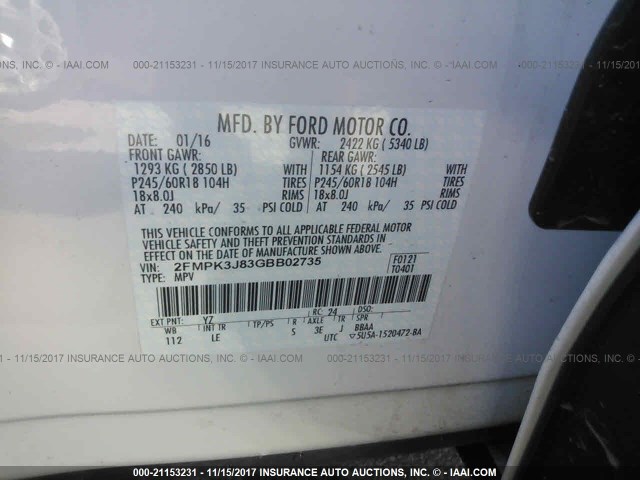 2FMPK3J83GBB02735 - 2016 FORD EDGE SEL WHITE photo 9