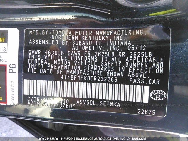 4T4BF1FK0CR222266 - 2012 TOYOTA CAMRY SE/LE/XLE 黑色 照片 9