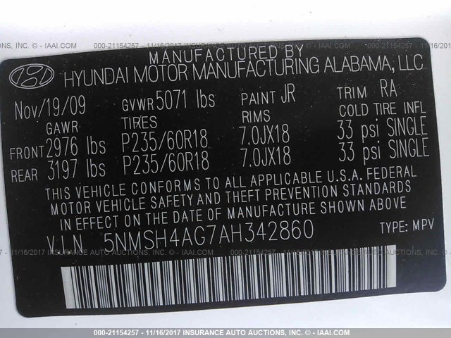 5NMSH4AG7AH342860 - 2010 HYUNDAI SANTA FE SE WHITE photo 9