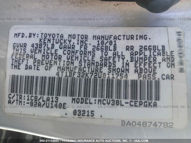 4T1BF32K72U011754 - 2002 TOYOTA CAMRY LE/XLE/SE ვერცხლისფერი ფოტო 9