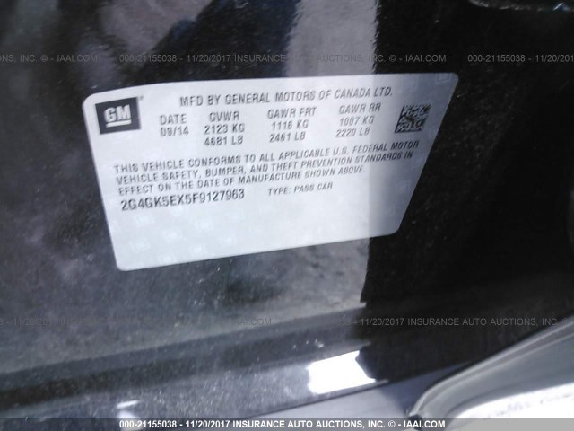 2G4GK5EX5F9127963 - 2015 BUICK REGAL BLACK photo 9